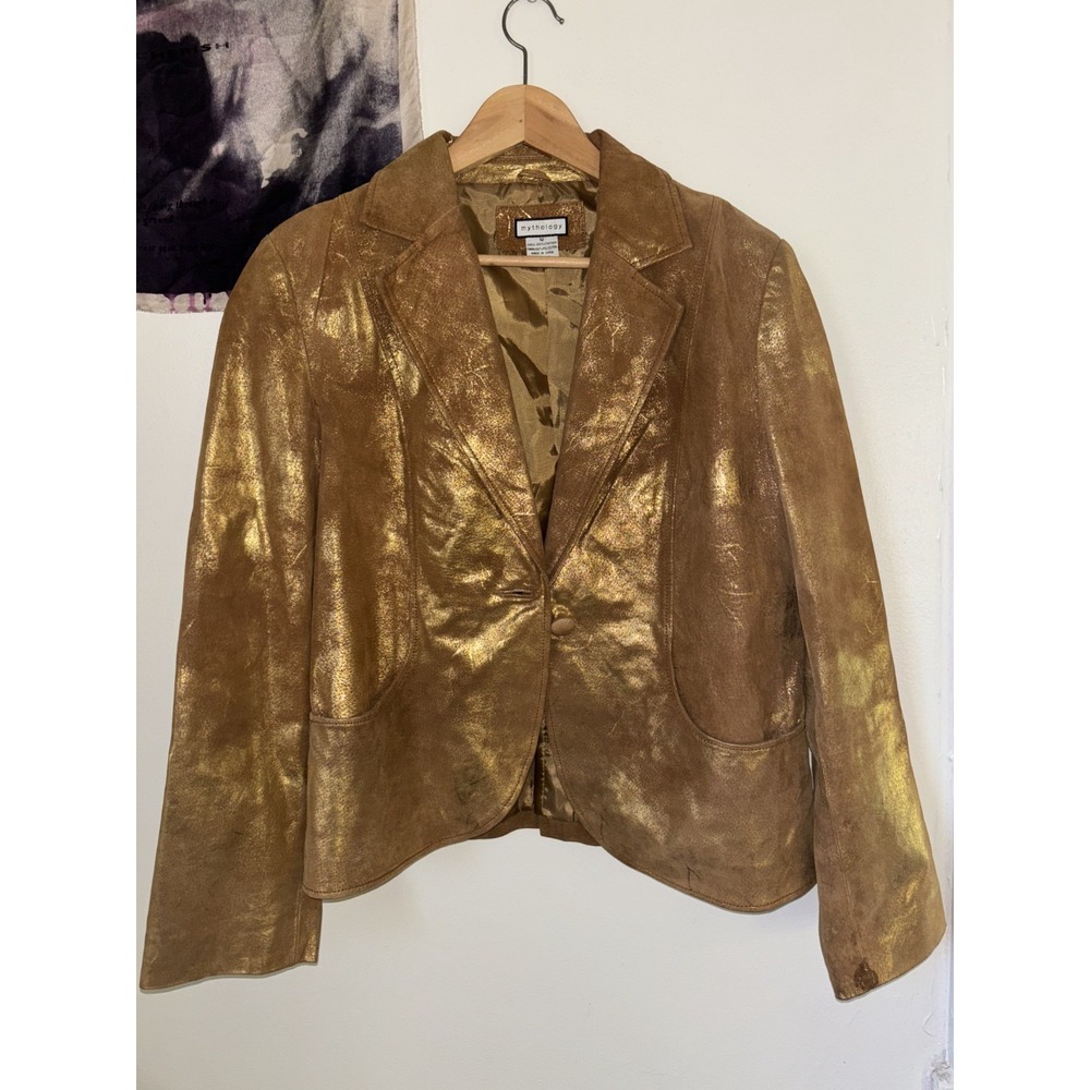 Vintage Leather Gold Shimmer Blazer Mythology Women's Size 12 Suede Jacket Lined